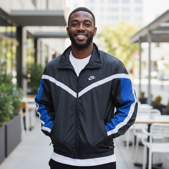 Nike Vintage 90’s Swoosh Black/White/Blue Trench Windbreaker Jacket - Men's XXL - Picture 1 of 15